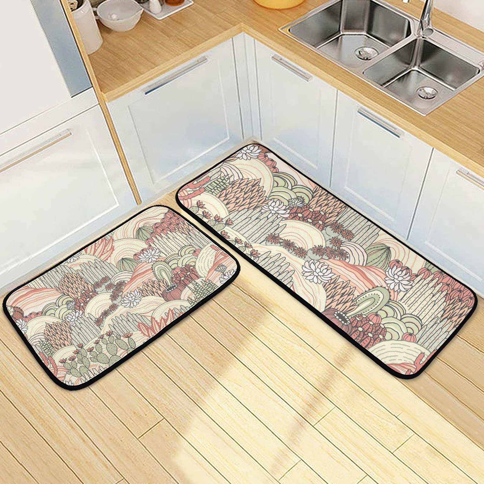 ALAZA Cactus Succulents Floral Kitchen Rug Set, 2 Piece Set, Non-Slip Floor Mat for Living Room Bedroom Dorm Home Decor, 19.7 x 27.6 Inch + 19.7 x 47.2 Inch