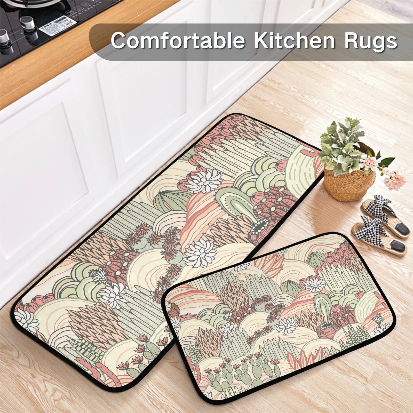 ALAZA Cactus Succulents Floral Kitchen Rug Set, 2 Piece Set, Non-Slip Floor Mat for Living Room Bedroom Dorm Home Decor, 19.7 x 27.6 Inch + 19.7 x 47.2 Inch