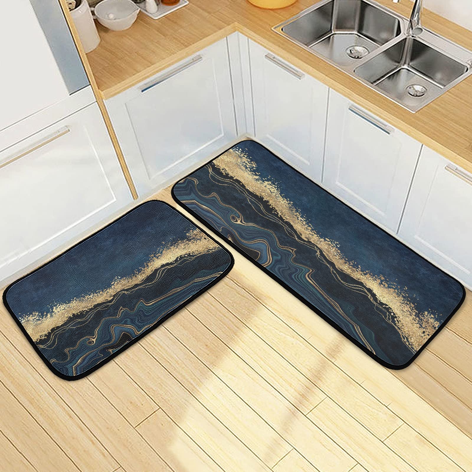 Kitchen Mats Rugs 2 Piece Set Bath Mat Antifatigue Cushioned Gold Black Marble for Floor Non Slip Washable (color6)