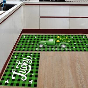 arts print lucky shamrocks kitchen rug mat set of 2,st.patrick's day truck black green buffalo plaid runner rug,non-slip durable kitchen floor mat for sink,15.7x23.6inch+15.7x47.2inch