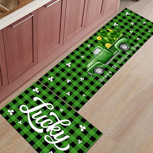 Arts Print Lucky Shamrocks Kitchen Rug Mat Set of 2,St.Patrick's Day Truck Black Green Buffalo Plaid Runner Rug,Non-Slip Durable Kitchen Floor Mat for Sink,15.7x23.6Inch+15.7x47.2Inch