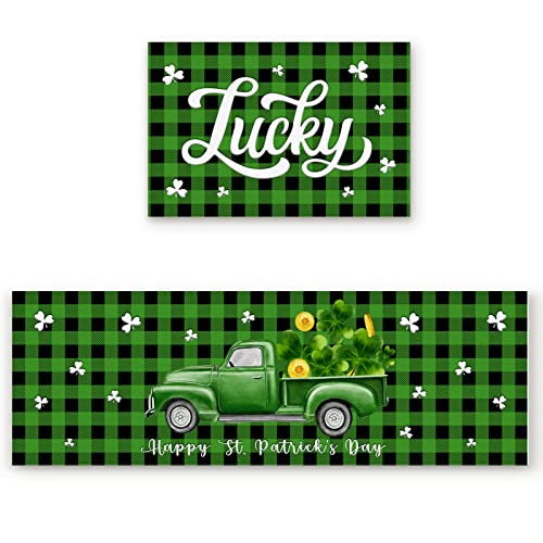 Arts Print Lucky Shamrocks Kitchen Rug Mat Set of 2,St.Patrick's Day Truck Black Green Buffalo Plaid Runner Rug,Non-Slip Durable Kitchen Floor Mat for Sink,15.7x23.6Inch+15.7x47.2Inch