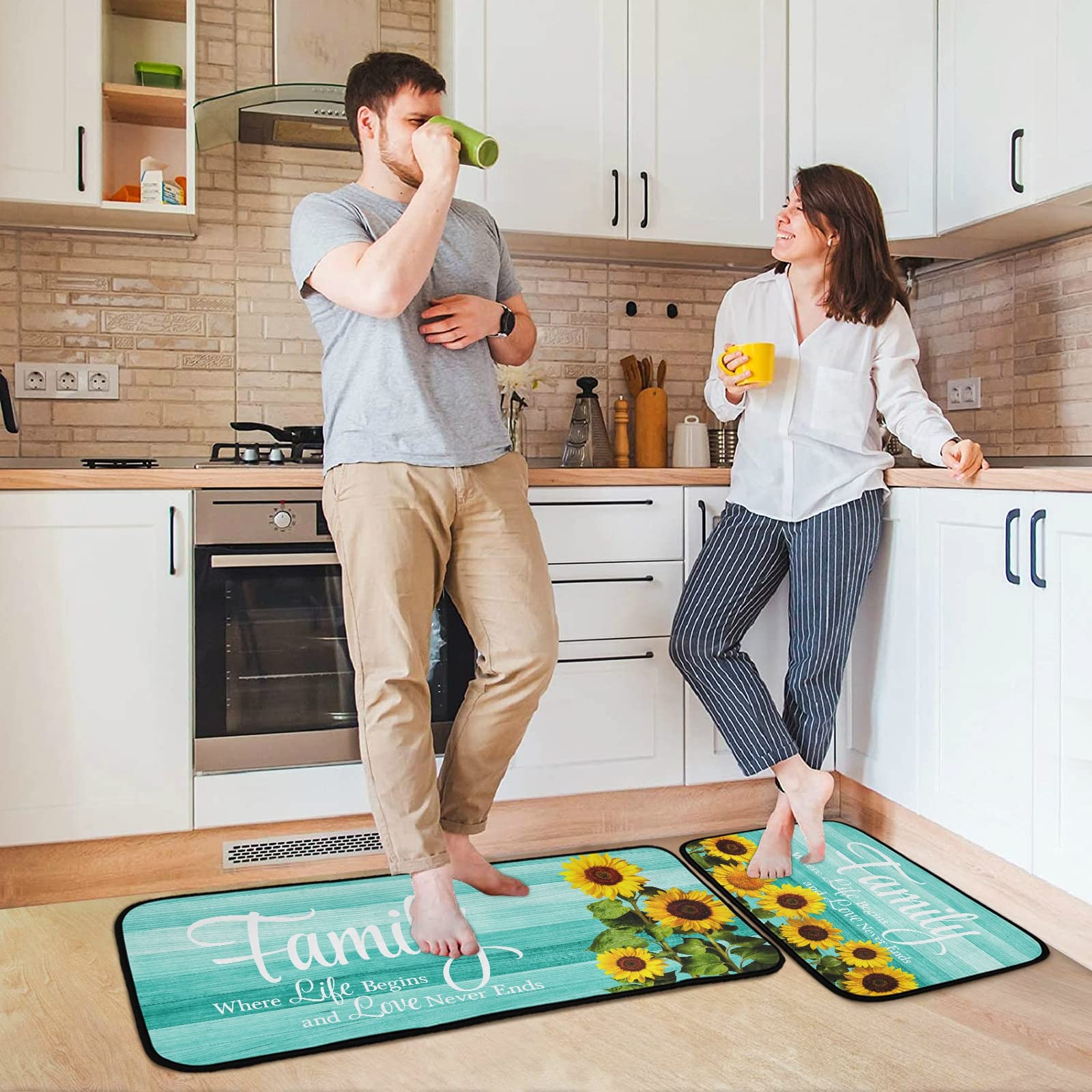 Sinestour Teal Turquoise Green Kitchen Rugs and Mats Set of 2 Non Slip Kitchen Floor Mats Comfort Standing Desk Mat for Doormat Bathroom Bedroom Runner Area Rug for Home Decor Washable