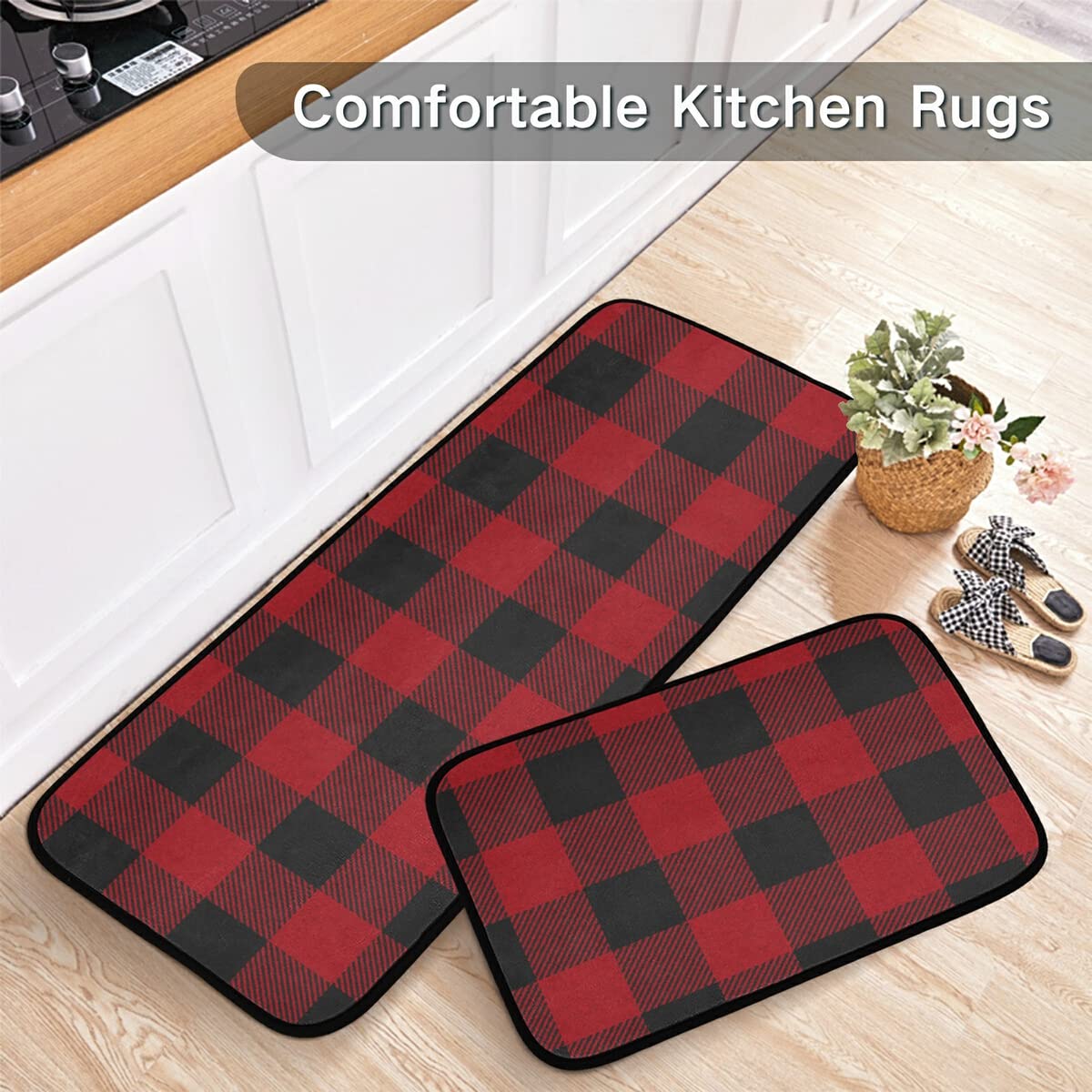 Christmas Kitchen Rugs and Mats,Christmas Kitchen Mat for Kitchen Bathroom Merry Christmas Red Black Buffalo Plaid