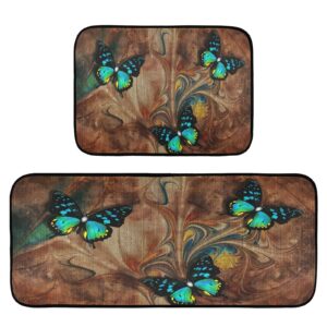 blue butterfly brown background kitchen mats and rugs set of 2 cushioned anti fatigue comfort waterproof runner carpets for house,sink,office,kitchen