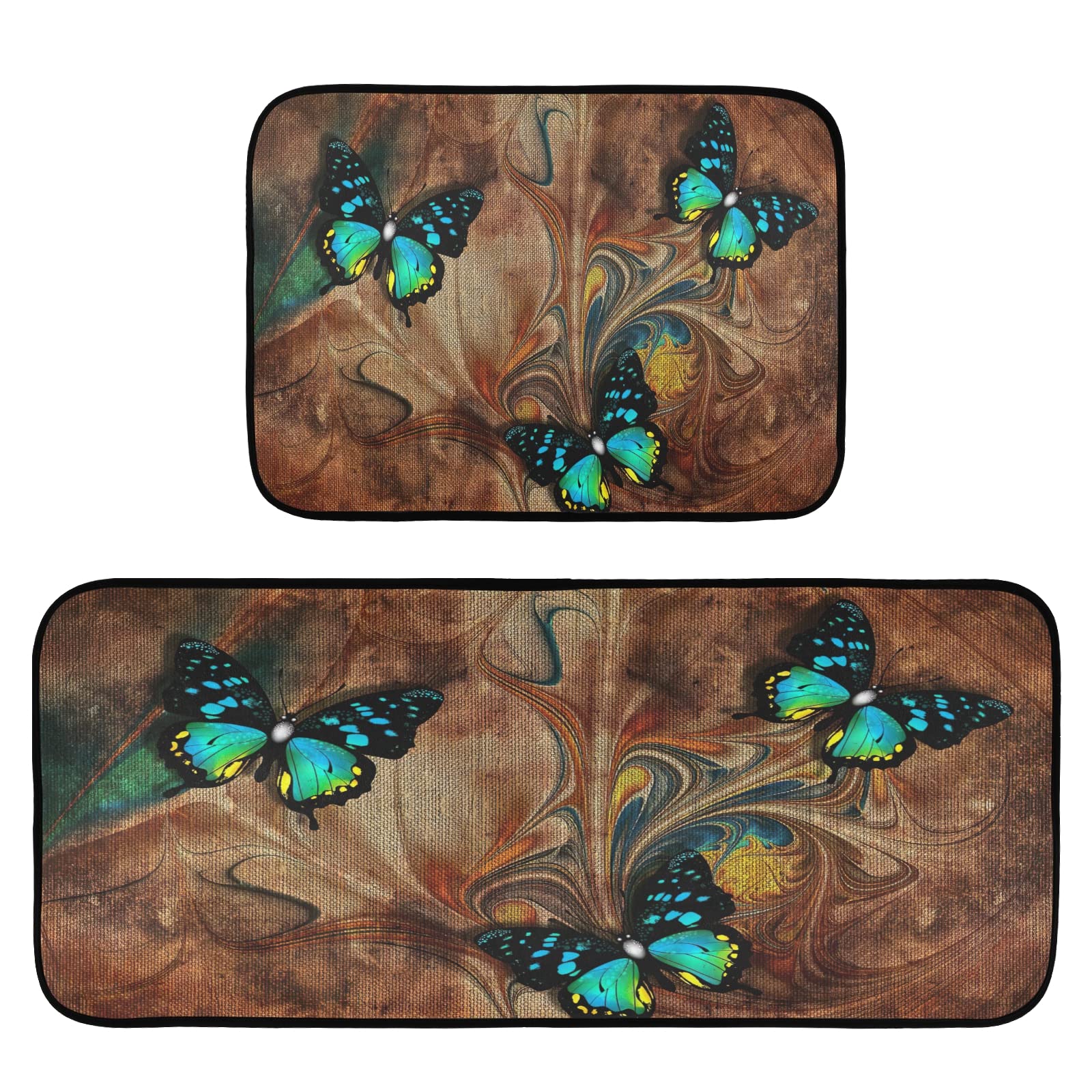 Blue Butterfly Brown Background Kitchen Mats and Rugs Set of 2 Cushioned Anti Fatigue Comfort Waterproof Runner Carpets for House,Sink,Office,Kitchen