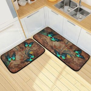 Blue Butterfly Brown Background Kitchen Mats and Rugs Set of 2 Cushioned Anti Fatigue Comfort Waterproof Runner Carpets for House,Sink,Office,Kitchen