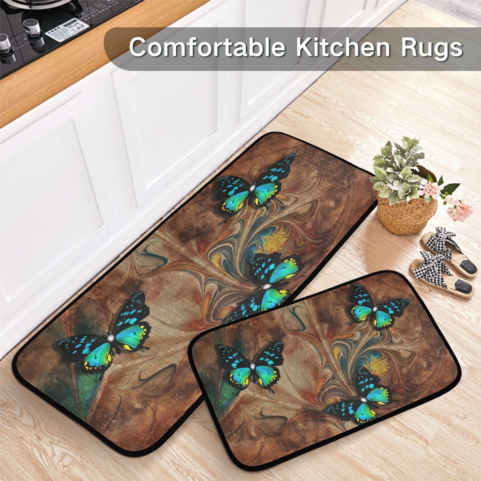 Blue Butterfly Brown Background Kitchen Mats and Rugs Set of 2 Cushioned Anti Fatigue Comfort Waterproof Runner Carpets for House,Sink,Office,Kitchen