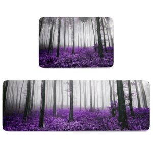 leosucre purple forest landscape 2 pieces kitchen mat set indoor doormats with rubber backing, wild leaves absorbent memory foam runner rugs standing mats for doorway/kitchen/bathroom