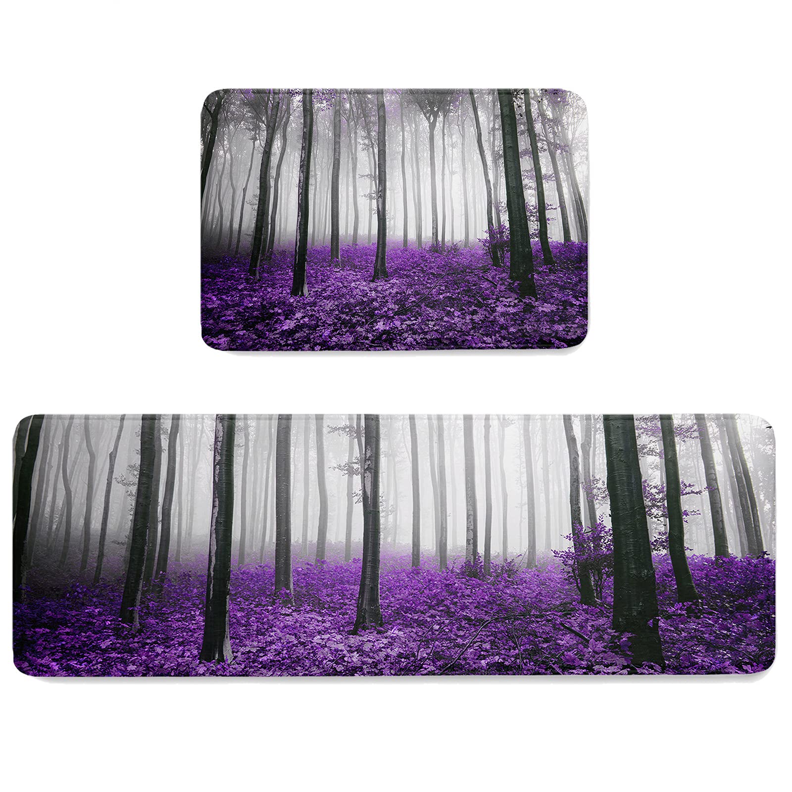 LEOSUCRE Purple Forest Landscape 2 Pieces Kitchen Mat Set Indoor Doormats with Rubber Backing, Wild Leaves Absorbent Memory Foam Runner Rugs Standing Mats for Doorway/Kitchen/Bathroom