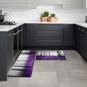 LEOSUCRE Purple Forest Landscape 2 Pieces Kitchen Mat Set Indoor Doormats with Rubber Backing, Wild Leaves Absorbent Memory Foam Runner Rugs Standing Mats for Doorway/Kitchen/Bathroom