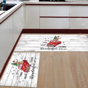zl home kitchen mat and rug set of 2 winter snowman christmas tree gifts on red truck absorbent bath floor soft non slip doormats vintage wood grain runner carpets for laundry15.7x23.6in+15.7x47.2in