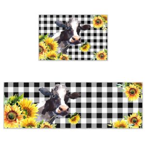 kitchen mat set 2 kitchen rugs, watercolor cow sunflower farm soft waterproof non-slip rubber backing floor mats bathroom runner area rug carpet, 20x24in + 20x48in checkered black buffalo plaid