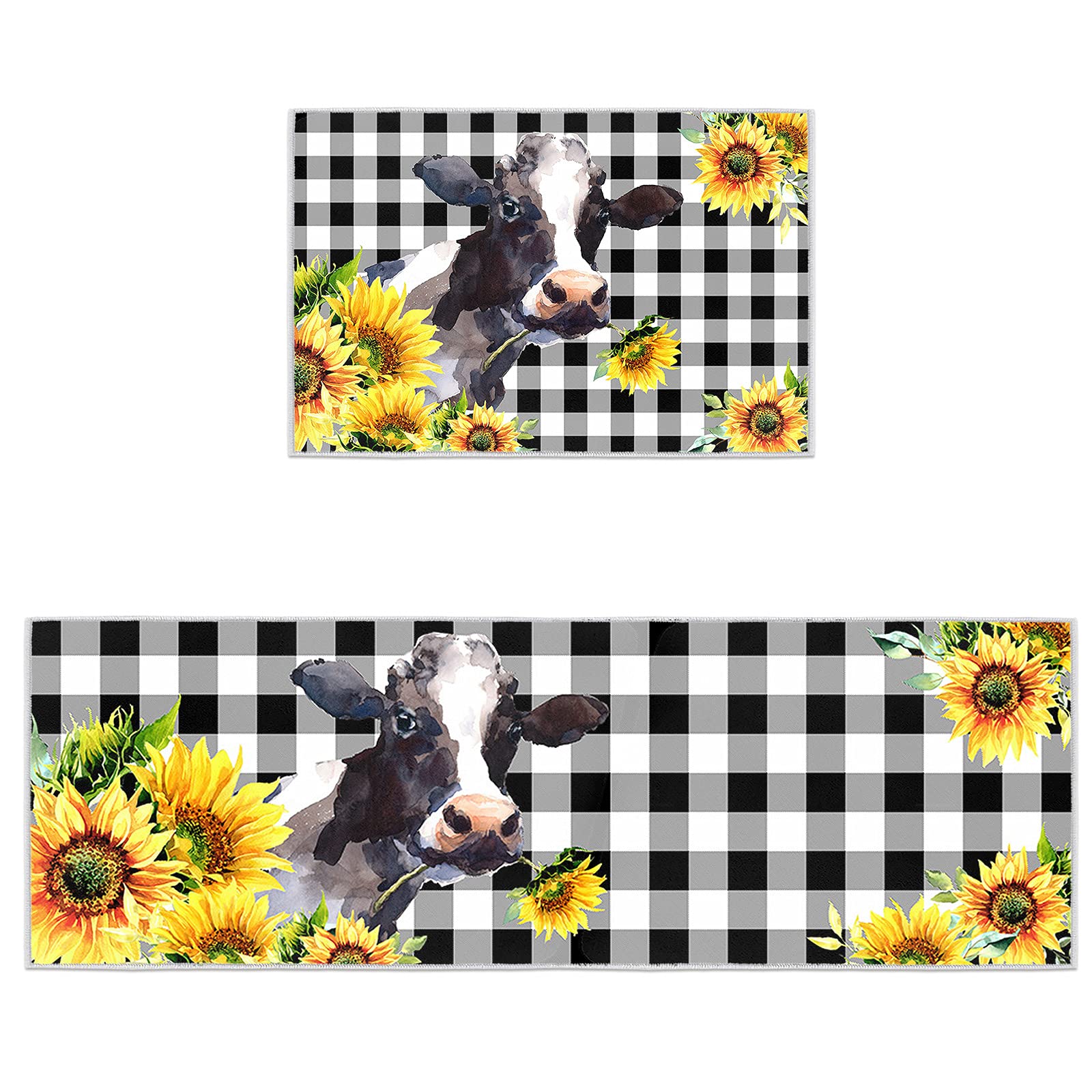 Kitchen Mat Set 2 Kitchen Rugs, Watercolor Cow Sunflower Farm Soft Waterproof Non-Slip Rubber Backing Floor Mats Bathroom Runner Area Rug Carpet, 20x24in + 20x48in Checkered Black Buffalo Plaid