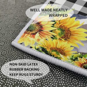 Kitchen Mat Set 2 Kitchen Rugs, Watercolor Cow Sunflower Farm Soft Waterproof Non-Slip Rubber Backing Floor Mats Bathroom Runner Area Rug Carpet, 20x24in + 20x48in Checkered Black Buffalo Plaid