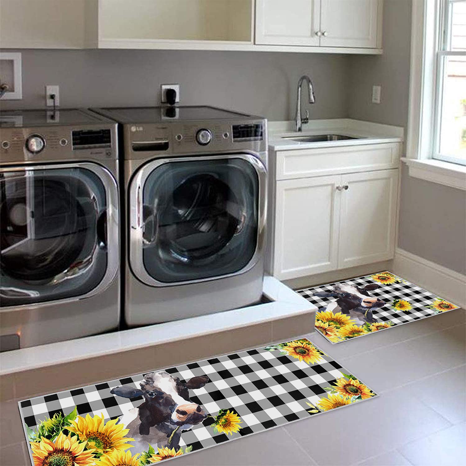 Kitchen Mat Set 2 Kitchen Rugs, Watercolor Cow Sunflower Farm Soft Waterproof Non-Slip Rubber Backing Floor Mats Bathroom Runner Area Rug Carpet, 20x24in + 20x48in Checkered Black Buffalo Plaid