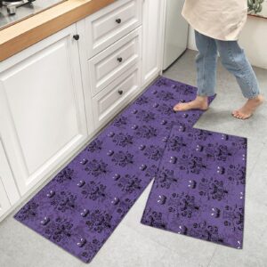 kitchen rugs and mats sets of 2 halloween non-slip rubber backing area rugs washable runner carpets for floor, kitchen ghost face purple pattern pumpkin spider 15.7x23.6+15.7x47.2inch