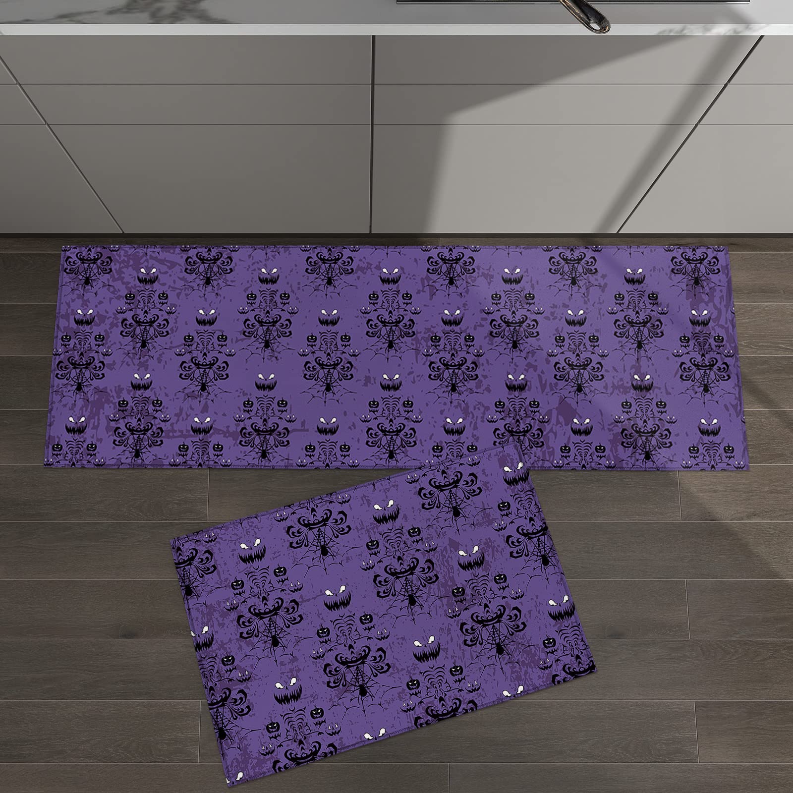 Kitchen Rugs and Mats Sets of 2 Halloween Non-Slip Rubber Backing Area Rugs Washable Runner Carpets for Floor, Kitchen Ghost Face Purple Pattern Pumpkin Spider 15.7x23.6+15.7x47.2inch