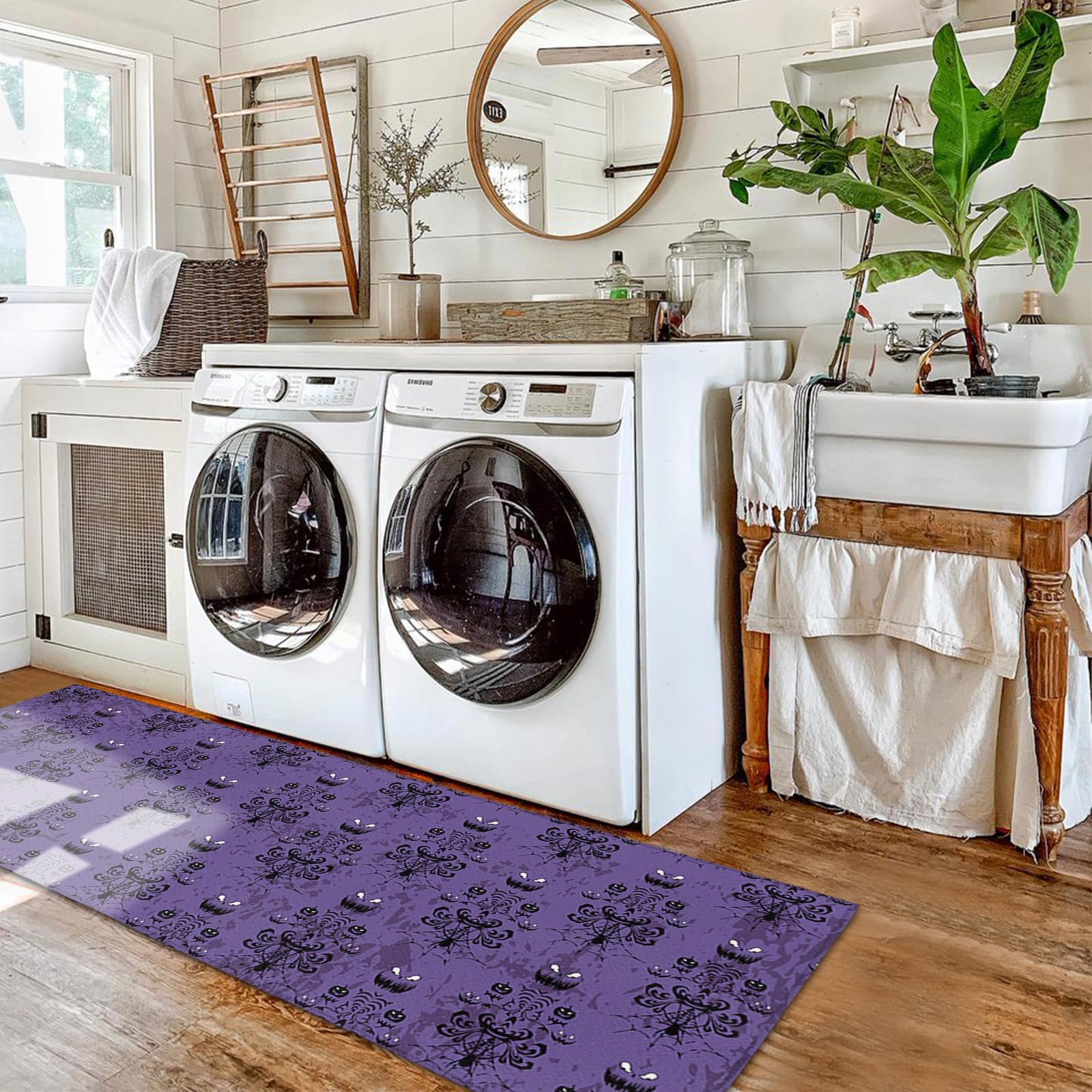 Kitchen Rugs and Mats Sets of 2 Halloween Non-Slip Rubber Backing Area Rugs Washable Runner Carpets for Floor, Kitchen Ghost Face Purple Pattern Pumpkin Spider 15.7x23.6+15.7x47.2inch