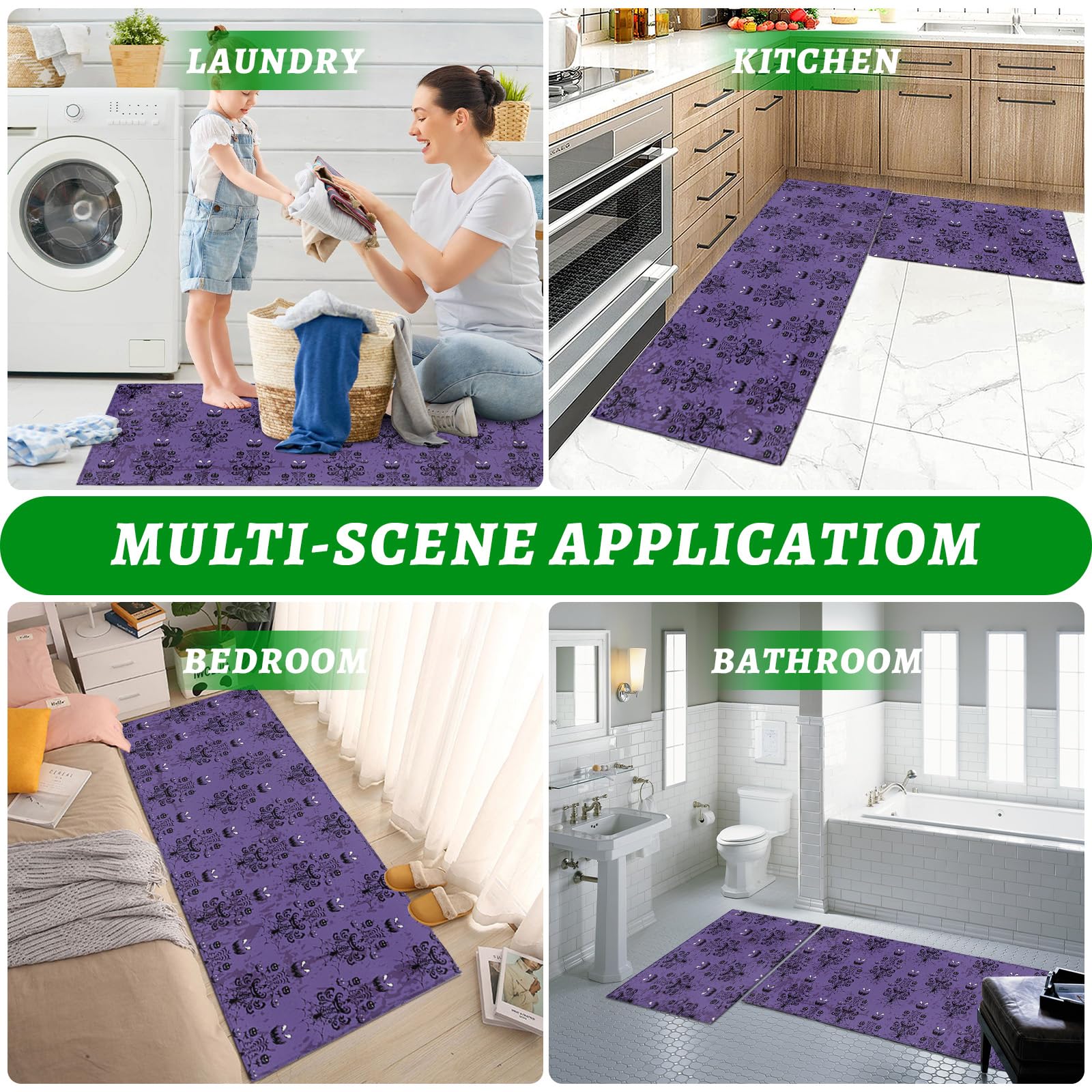 Kitchen Rugs and Mats Sets of 2 Halloween Non-Slip Rubber Backing Area Rugs Washable Runner Carpets for Floor, Kitchen Ghost Face Purple Pattern Pumpkin Spider 15.7x23.6+15.7x47.2inch