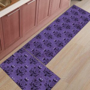 Kitchen Rugs and Mats Sets of 2 Halloween Non-Slip Rubber Backing Area Rugs Washable Runner Carpets for Floor, Kitchen Ghost Face Purple Pattern Pumpkin Spider 15.7x23.6+15.7x47.2inch