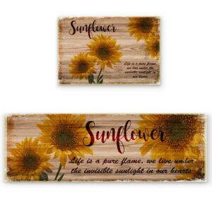 queener home vintage sunflowers on wooden board kitchen rugs and mats set of 2, washable floor doormat comfort area runner rug non-slip rubber backing for indoor farm floral