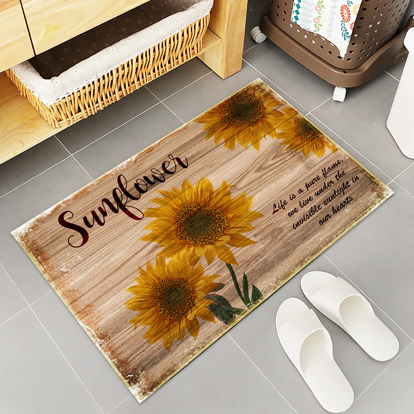 Queener Home Vintage Sunflowers on Wooden Board Kitchen Rugs and Mats Set of 2, Washable Floor Doormat Comfort Area Runner Rug Non-Slip Rubber Backing for Indoor Farm Floral