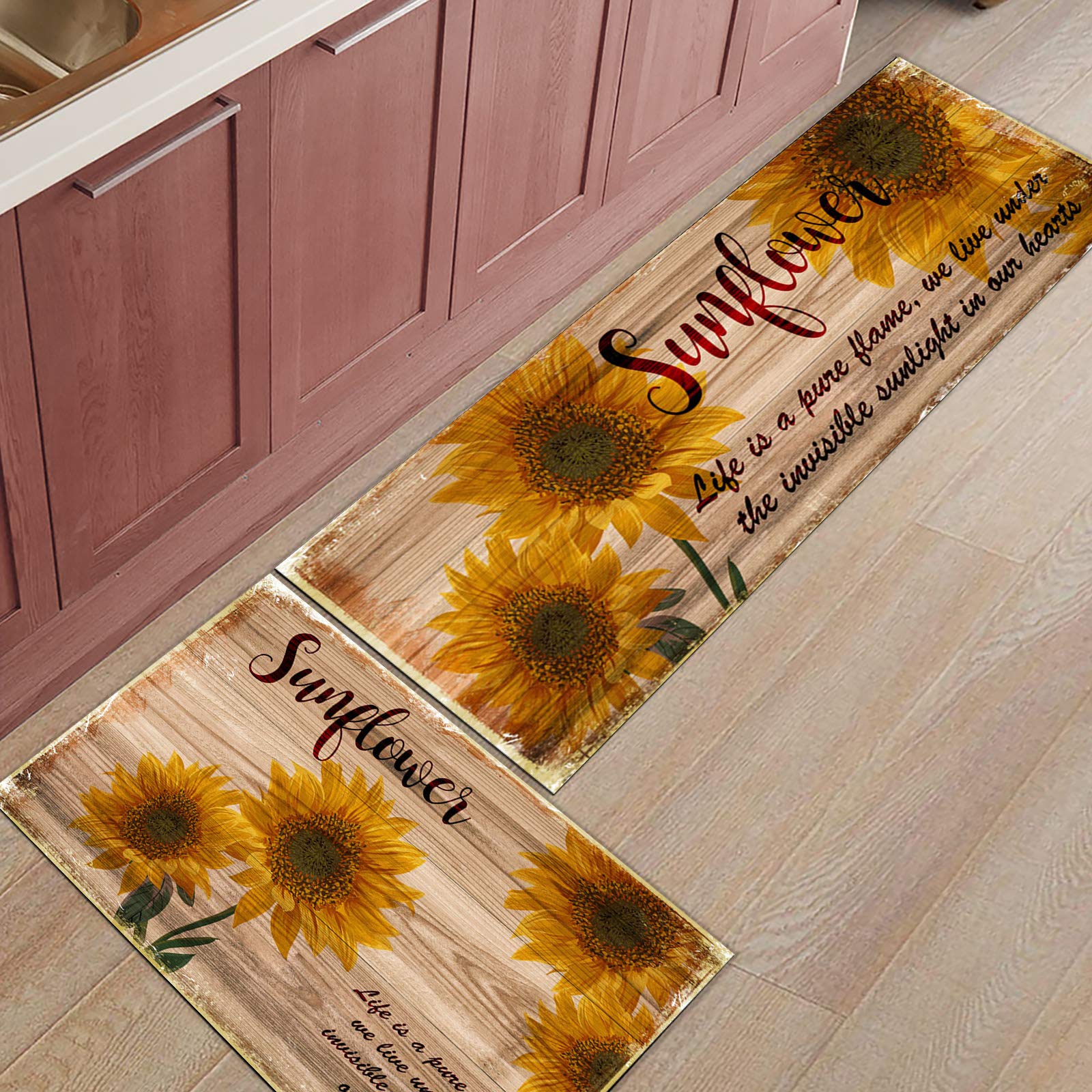 Queener Home Vintage Sunflowers on Wooden Board Kitchen Rugs and Mats Set of 2, Washable Floor Doormat Comfort Area Runner Rug Non-Slip Rubber Backing for Indoor Farm Floral