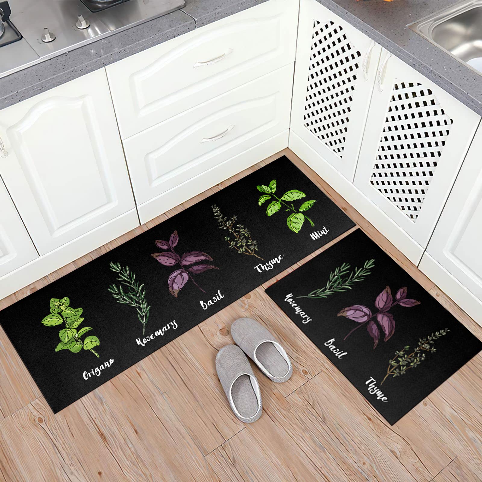 HOLVDENG Kitchen Mat Set of 2 Non Slip Thick Kitchen Rugs and Mats for Floor Comfort Standing Mats for Kitchen, Sink, Office, Laundry, Black, 17"x47"+17"x28"