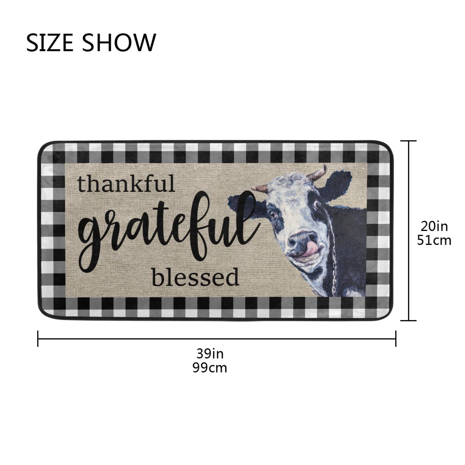 White Buffalo Plaid Kitchen Rugs Non Slip Kitchen Floor Mats Cushioned Farmhose Cow Kitchen Mats and Rugs Washable Anti Fatigue Mats for Laundry Sink Standing Home Office Decor - 39x20 IN Grateful