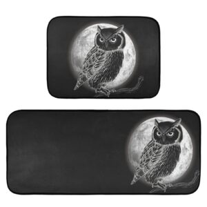 alaza owl and moon at night kitchen rug set, 2 piece set, non-slip floor mat for living room bedroom dorm home decor, 19.7 x 27.6 inch + 19.7 x 47.2 inch