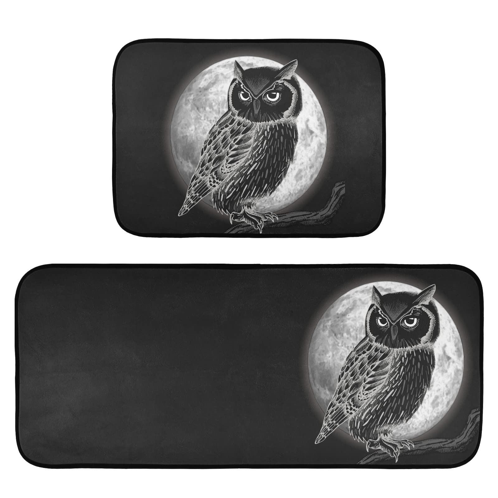 ALAZA Owl and Moon at Night Kitchen Rug Set, 2 Piece Set, Non-Slip Floor Mat for Living Room Bedroom Dorm Home Decor, 19.7 x 27.6 Inch + 19.7 x 47.2 Inch