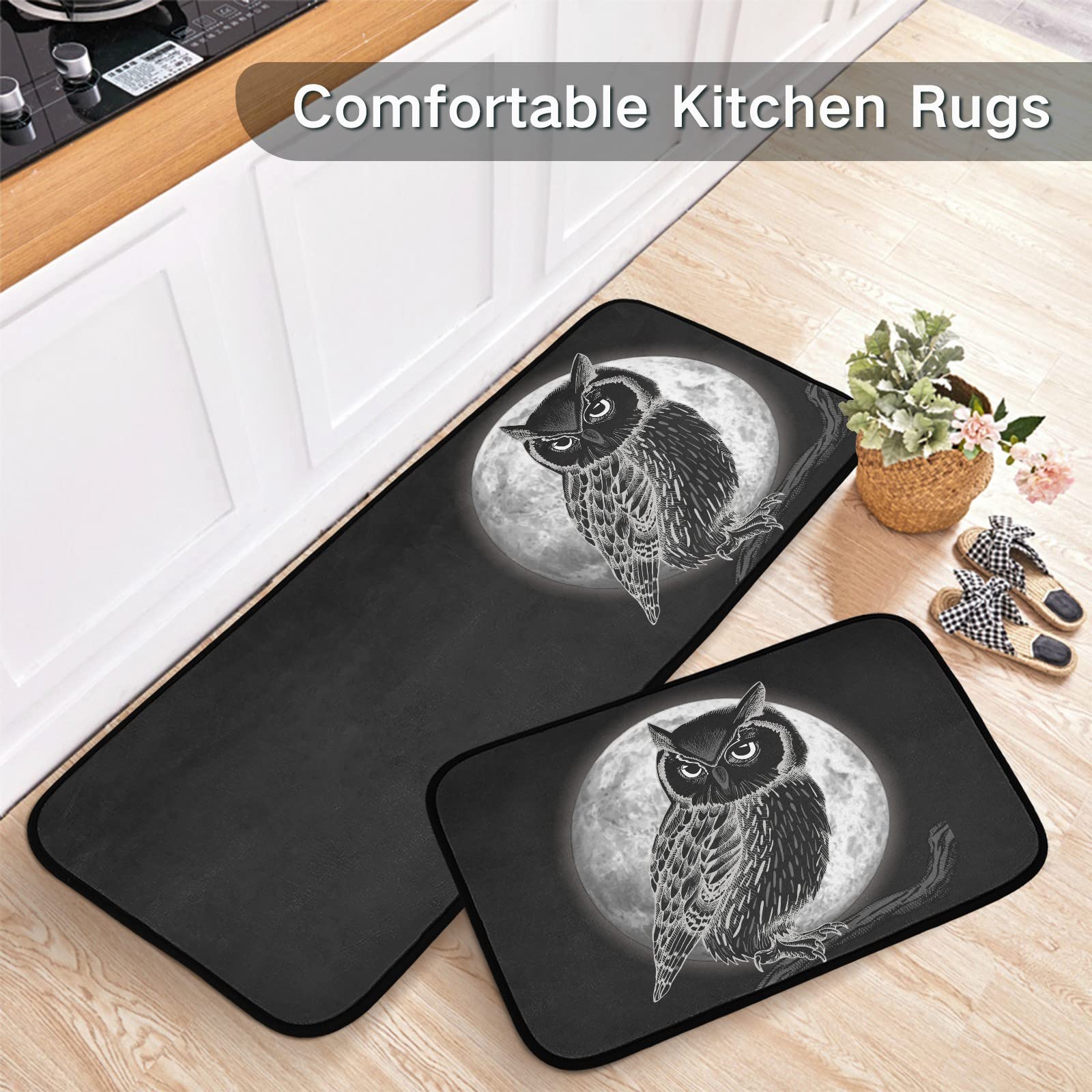 ALAZA Owl and Moon at Night Kitchen Rug Set, 2 Piece Set, Non-Slip Floor Mat for Living Room Bedroom Dorm Home Decor, 19.7 x 27.6 Inch + 19.7 x 47.2 Inch