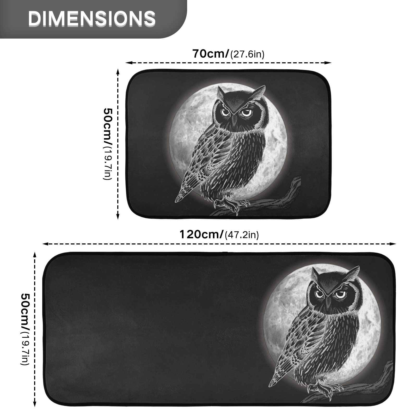 ALAZA Owl and Moon at Night Kitchen Rug Set, 2 Piece Set, Non-Slip Floor Mat for Living Room Bedroom Dorm Home Decor, 19.7 x 27.6 Inch + 19.7 x 47.2 Inch