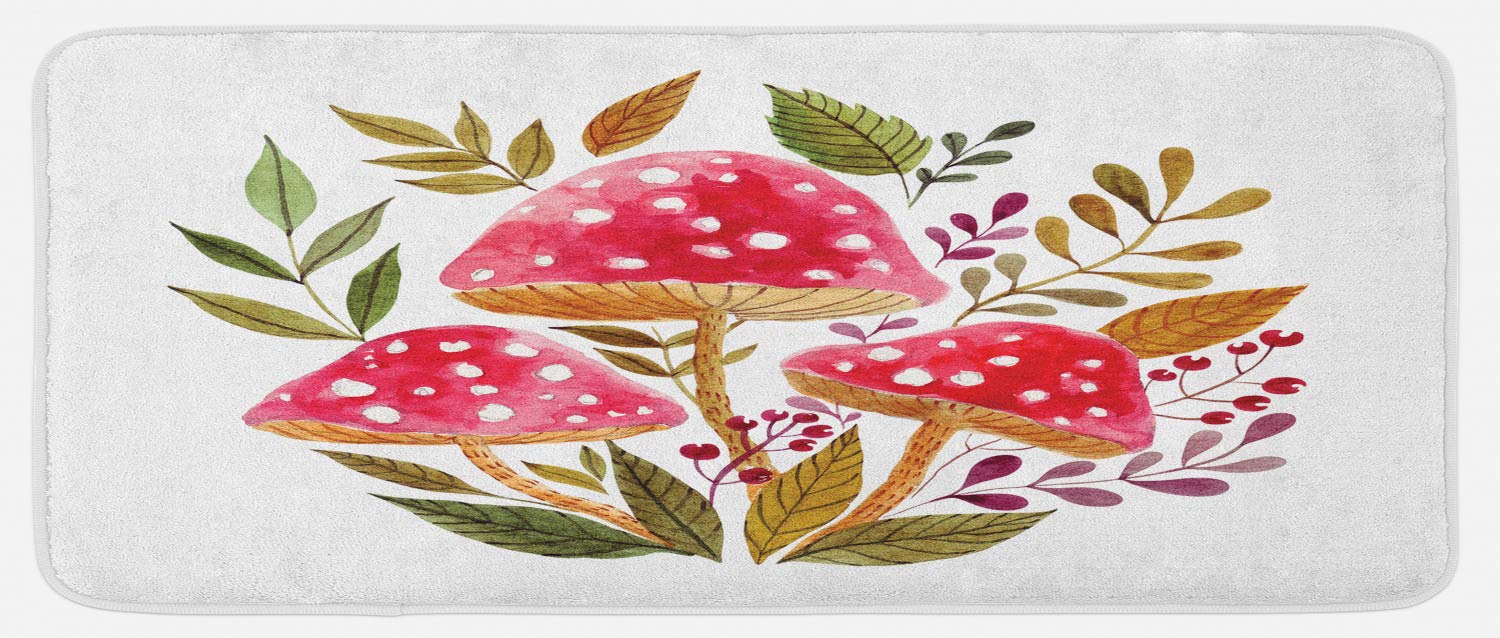 Ambesonne Nature Kitchen Mat, Aquarelle Amantias with Autumn Season Foliage and Berries Mushroom Illustration, Plush Decorative Kitchen Mat with Non Slip Backing, 47" X 19", Green Pink