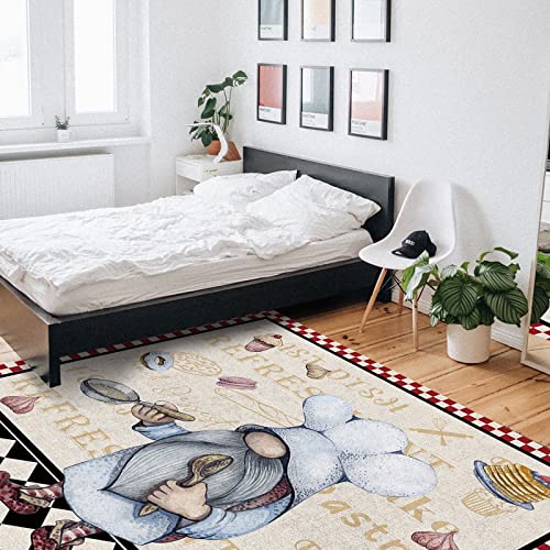 Area Rug for Bedroom Living Room Decor,Gnome Chef Kitchen Cook with Dessert Ultra Soft Non-Slip Accent Rugs Indoor Floor Carpet Buffalo Plaids and Linen Flax Non-Shedding Nursery Floor Mat,36x60in