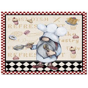 Area Rug for Bedroom Living Room Decor,Gnome Chef Kitchen Cook with Dessert Ultra Soft Non-Slip Accent Rugs Indoor Floor Carpet Buffalo Plaids and Linen Flax Non-Shedding Nursery Floor Mat,36x60in