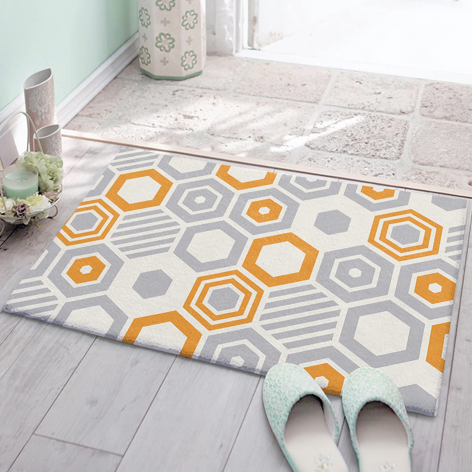 Door mat Door Mats Bath Rugs Grey Abstract Geometric Orange Hexagons,Soft Fluffy Doormats Non Slip Carpet Modern Minimal Art,gy Fuzzy Area Throw Rug for Kitchen/Bathroom/Bedroom/Living Room 18x30in