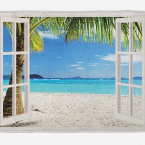 Nichpedr Turquoise Tropical Palm Trees on Island Ocean Beach Through White Wooden Windows Entrance Way Rugs Doormats Soft Non-Slip Washable Bath Rugs Floor Mats for Home Bathroom Kitchen 16x24 Inch