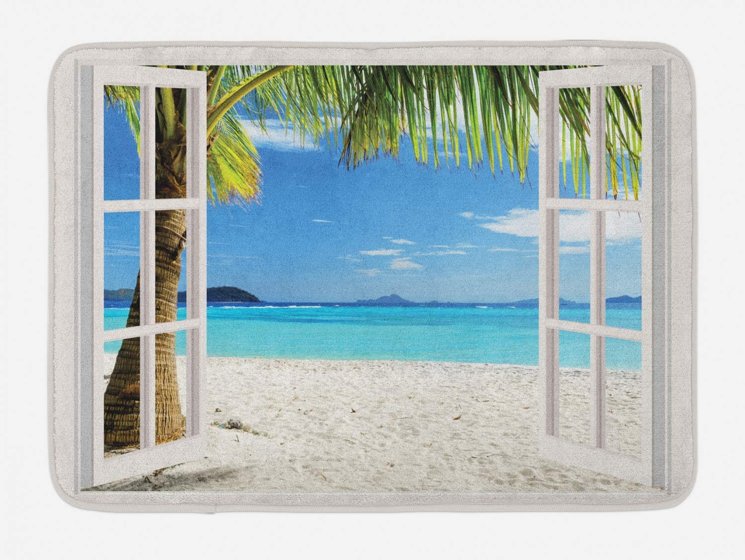 Nichpedr Turquoise Tropical Palm Trees on Island Ocean Beach Through White Wooden Windows Entrance Way Rugs Doormats Soft Non-Slip Washable Bath Rugs Floor Mats for Home Bathroom Kitchen 16x24 Inch