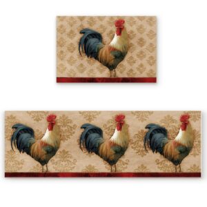 kitchen rugs set of 2,vintage farm animal cock kitchen mats rugs non skid washable anti fatiguee,rooster chicken water absorption doormat carpet for bedroom/bathroom/living room