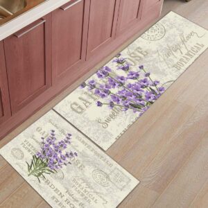 Purple Lavender Flowers Kitchen Mats for Floor Cushioned Anti Fatigue 2 Piece Set Kitchen Runner Rugs Non Skid Washable Vintage Postcard Rustic Wood