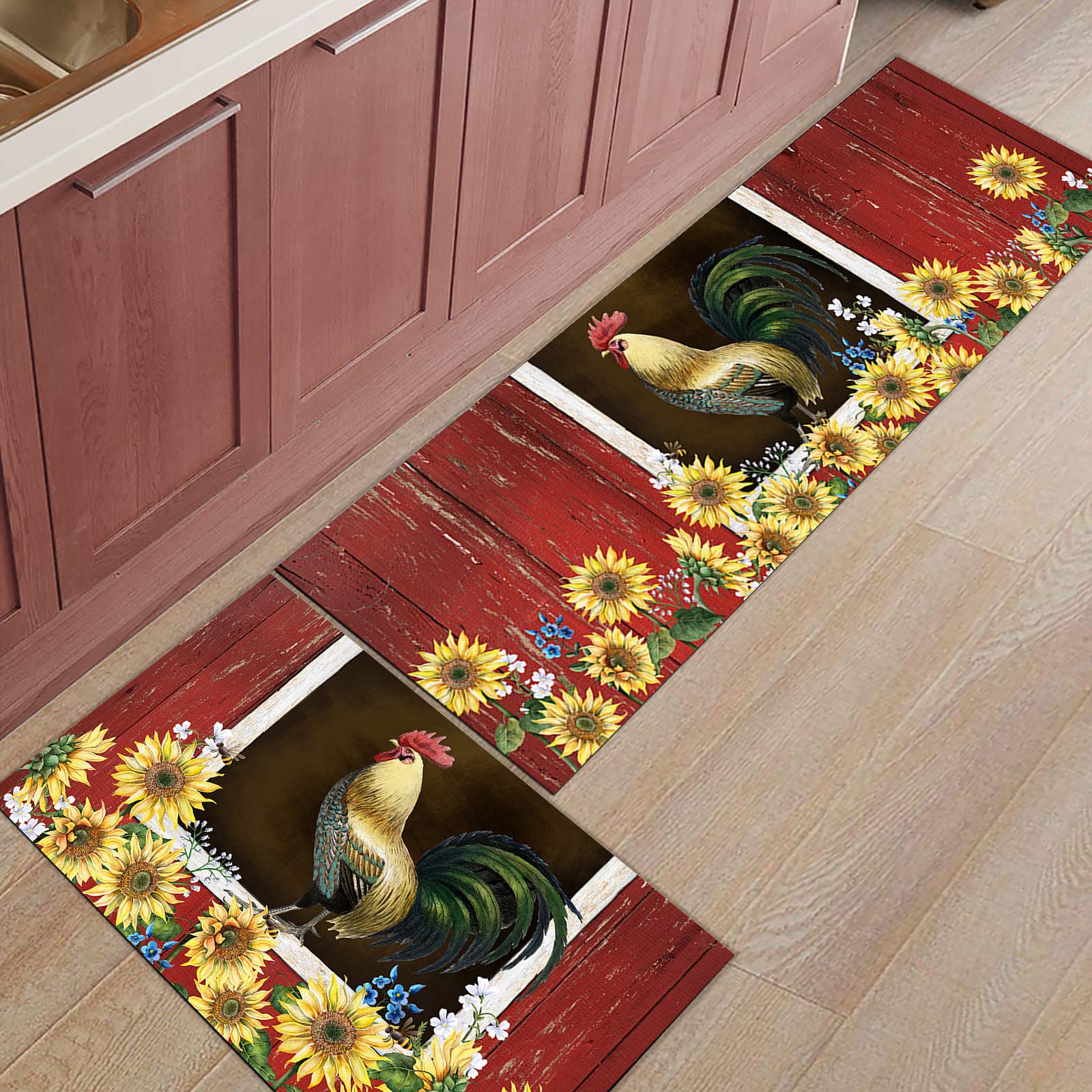 Kitchen Rugs Sets 2 Piece Floor Mats Sunflower Farmhouse Rooster Red Wood Grain Durable Doormat Non-Slip Rubber Backing Area Rugs Washable Carpet Inside Door Mat Pad Sets-23.6" x 35.4"+23.6" x 70.9"