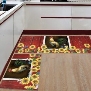 Kitchen Rugs Sets 2 Piece Floor Mats Sunflower Farmhouse Rooster Red Wood Grain Durable Doormat Non-Slip Rubber Backing Area Rugs Washable Carpet Inside Door Mat Pad Sets-23.6" x 35.4"+23.6" x 70.9"