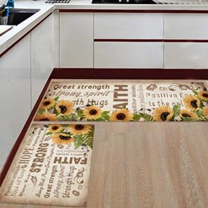 Cloud Dream Home Kitchen Rug Set Inspirational Words Sunflower 2 Piece Non-Slip Kitchen Floor Mat Rubber Back Vintage Soft Indoor Bathroom Doormat Runner Rug Carpet Set (19.7"x31.5"+19.7"x63")