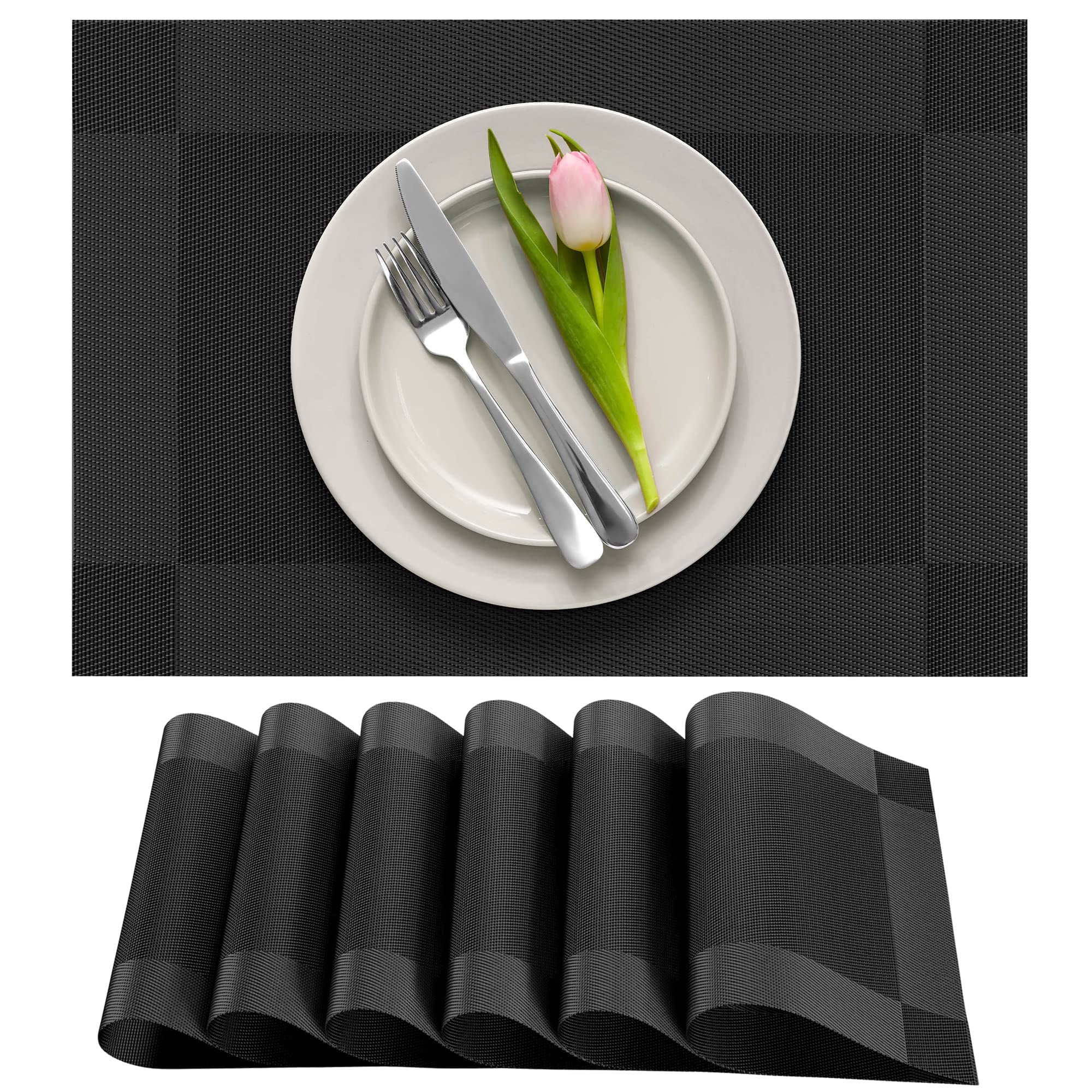 More Décor Dining Table Placemats, Washable Heat-Resistant PVC Vinyl Table Mats for Dining Room and Kitchen, Anti-Slip - Set of 4 -Black