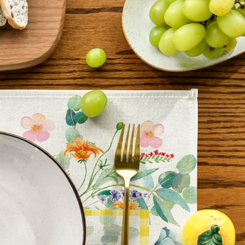 Artoid Mode Wildflower Floral Eucalyptus Leaves Placemats for Dining Table, 12 x 18 Inch Spring Summer Seasonal Decoration Rustic Washable Table Mats Set of 4 Green