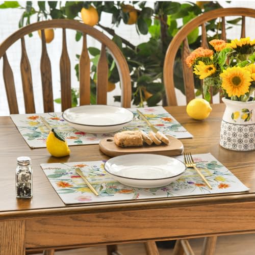 Artoid Mode Wildflower Floral Eucalyptus Leaves Placemats for Dining Table, 12 x 18 Inch Spring Summer Seasonal Decoration Rustic Washable Table Mats Set of 4 Green