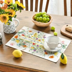 Artoid Mode Wildflower Floral Eucalyptus Leaves Placemats for Dining Table, 12 x 18 Inch Spring Summer Seasonal Decoration Rustic Washable Table Mats Set of 4 Green