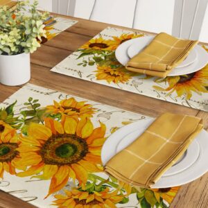 Seliem Fall Sunflower Placemats Set of 4, Spring Summer Yellow Floral Flowers Rustic Vintage Dining Table Place Mats, Eucalyptus Leaves Seasonal Kitchen Decor Home Decoration 12 x 18 Inch